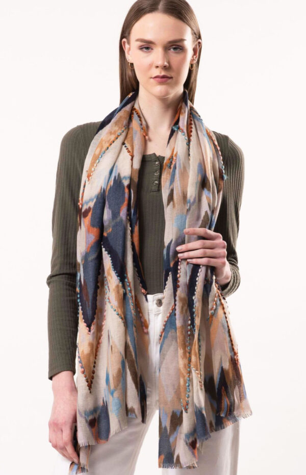 D Lux- Sienna Chevron Wool Embroidered Scarf- Natural - Image 4