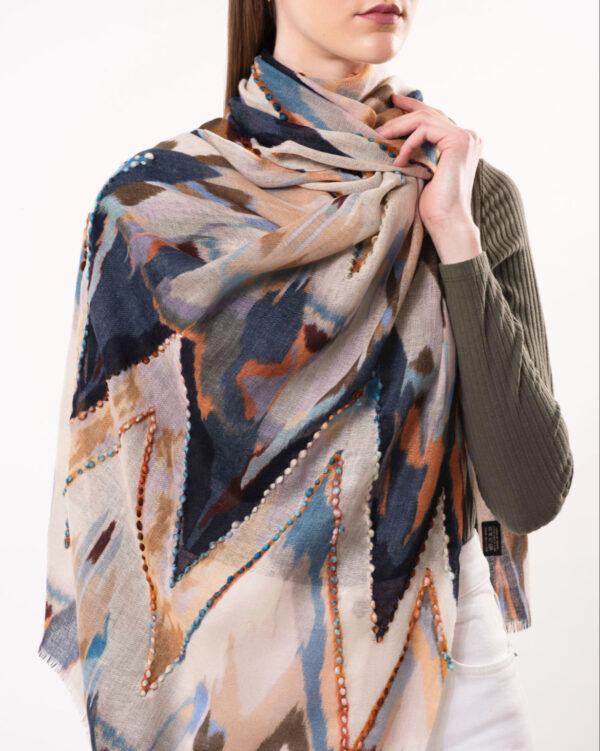 D Lux- Sienna Chevron Wool Embroidered Scarf- Natural