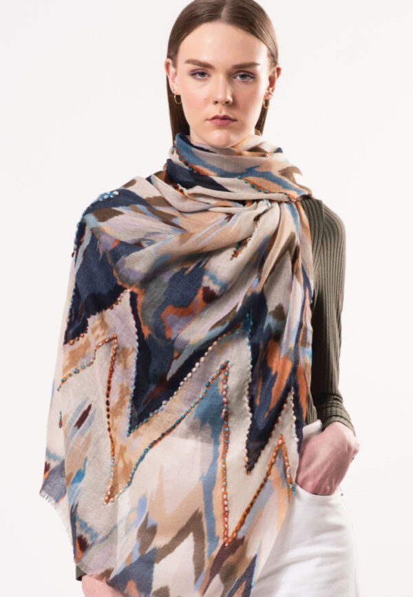 D Lux- Sienna Chevron Wool Embroidered Scarf- Natural - Image 2