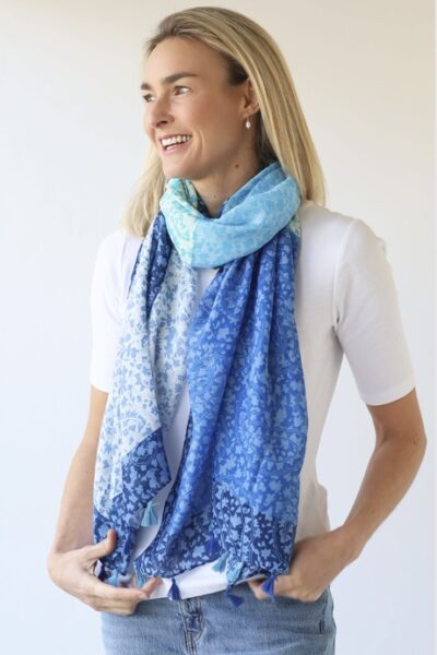 Archer-Panelled Tasselled Scarf -Blues